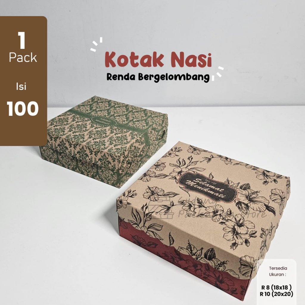 100 pcs /18x18 /20x20 / Box Nasi Kraft Cantik / Kotak Nasi Kraft Cantik/ Kraft motif