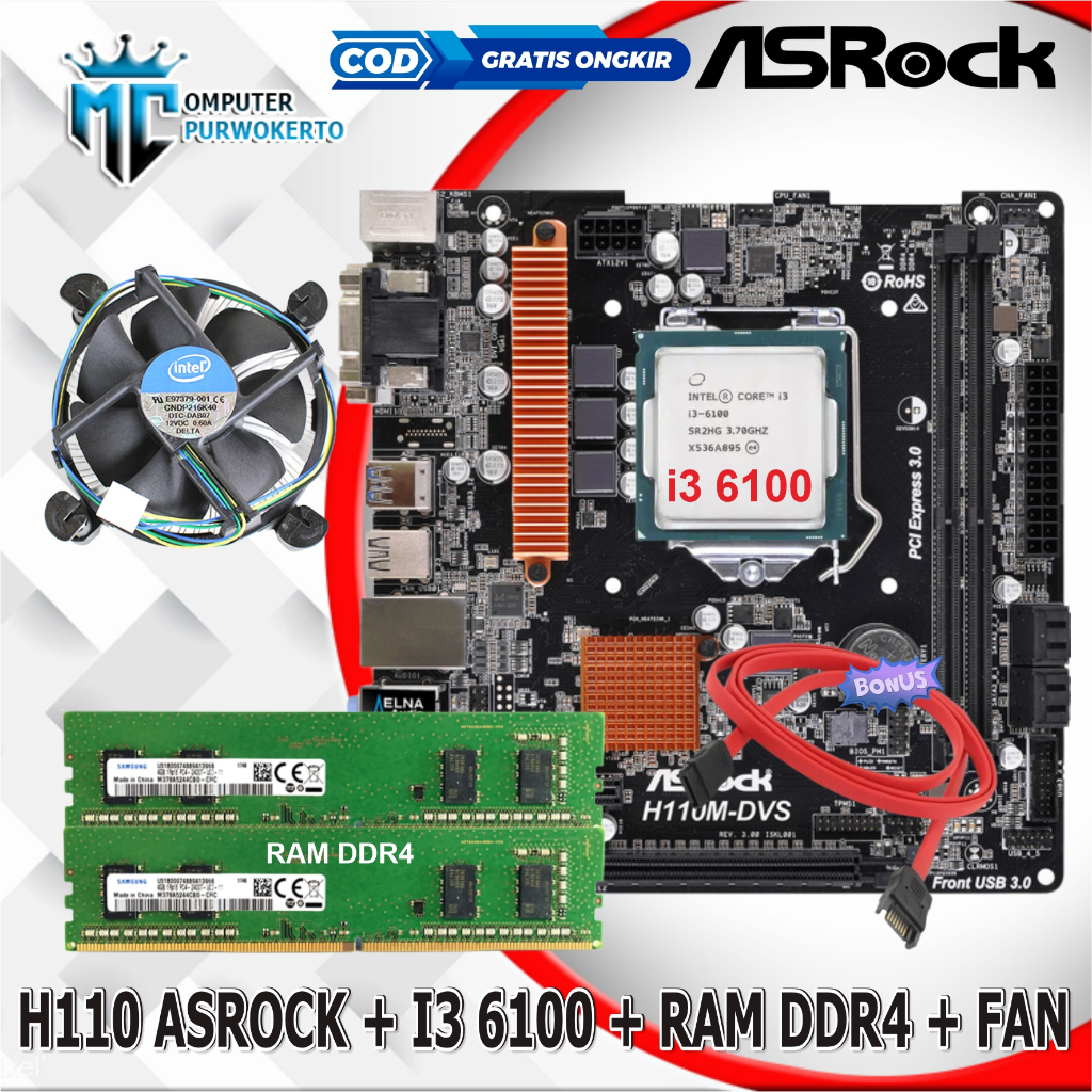 Paket Mainboard H110 Asus LGA 1151 + Processor i3 6100 + Ram DDR4 + Fan