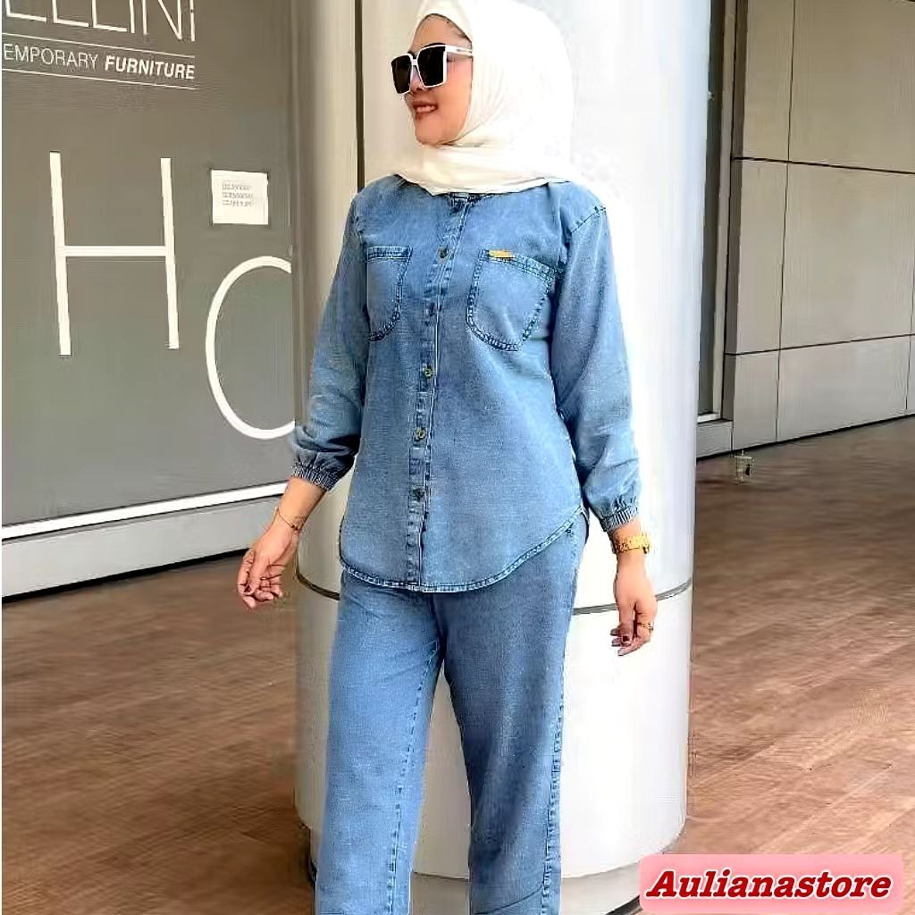 Setelan Wanita jeans wash premium One Set Almeera Kekinian set kemeja dan kulot