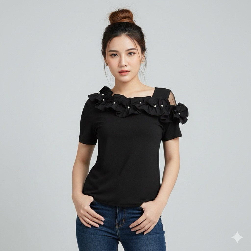 376889 | ATASAN KAOS KOMBINASI TILE PREMIUM STRETCH LENGAN PENDEK MOTIF BUNGA 3D MERAH HITAM