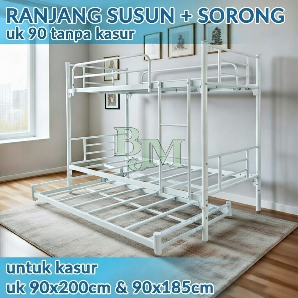 RANJANG SUSUN SORONG RANJANG TINGKAT RANJANG 3 SUSUN RANJANG BESI BUNKBED PUTIH