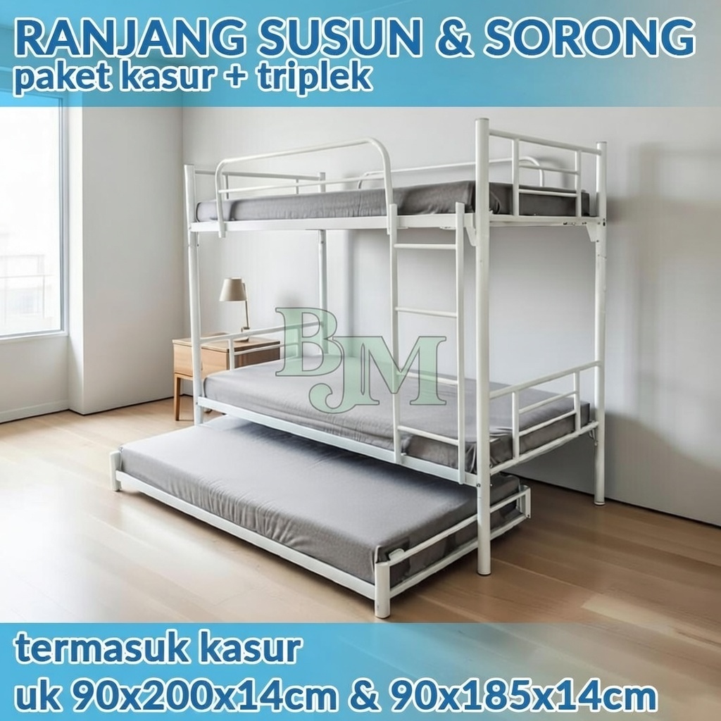 RANJANG SUSUN PAKET SORONG & KASUR + TRIPLEK RANJANG TINGKAT RANJANG 3 SUSUN RANJANG BESI BUNKBED  P