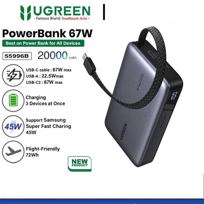 UGREEN Powerbank Built In Cable 20000 mAh Fast Charging 67W Type C