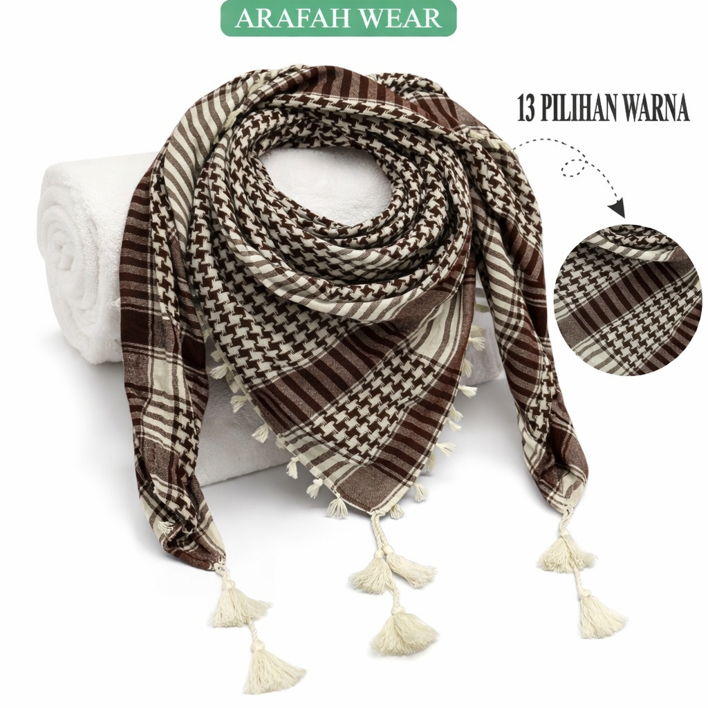 ARAFAH Sorban Pria Motif Kotak - Ada 13 Varian Warna Bahan Adem  | Sorban Keffiyeh Rumbai Premium