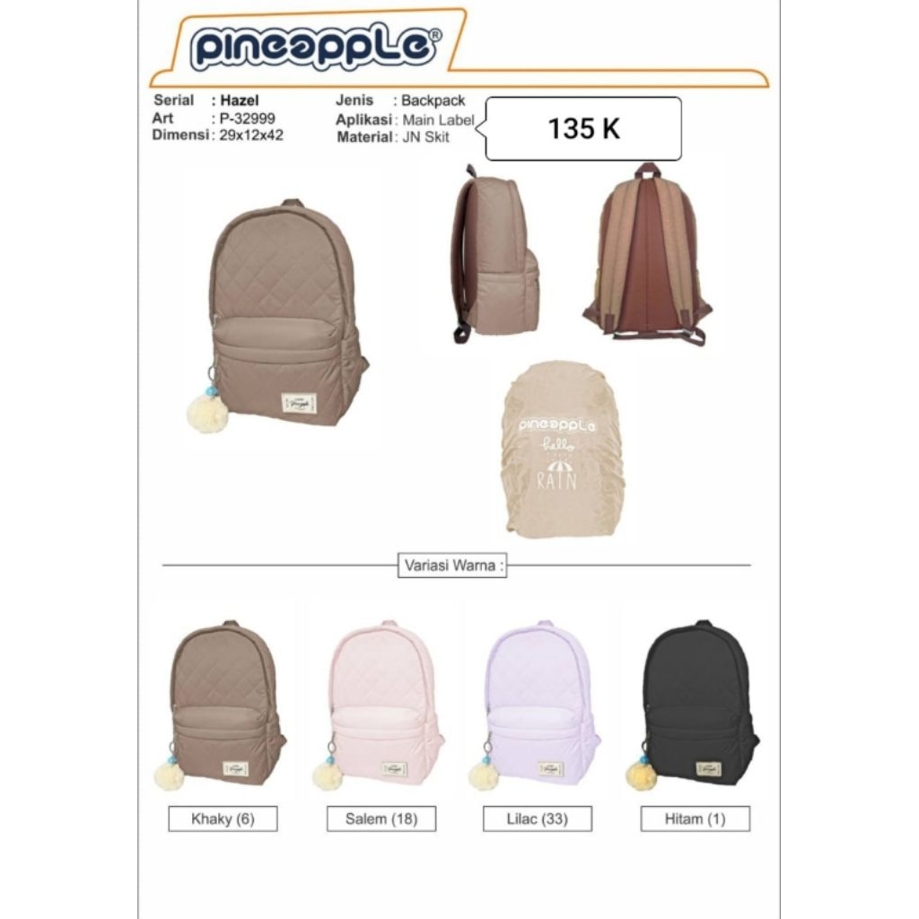 Tas Ransel Pineapple Hazel - Backpack Wanita Puffy Quilted Lucu Free Gantungan & Raincover Terbaru