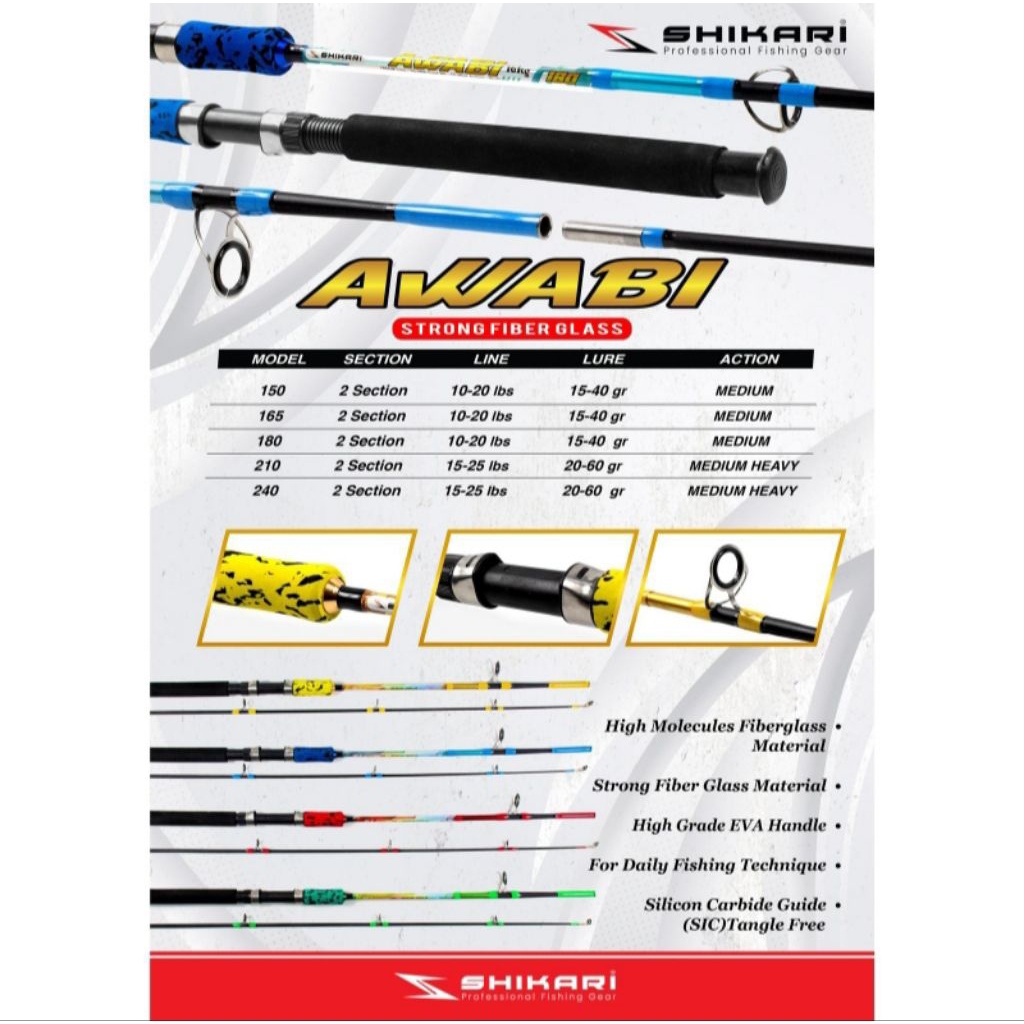 joran pancing fiber glass shikari awabi 10-20lb 15-25lb 150 165 180 210 240 joran spinning fiber kua