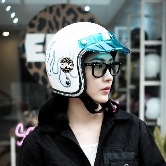 Epic Veil Slim Head EV-500 Open Face White Flame Pattern List Silver Helm Half Face SNI