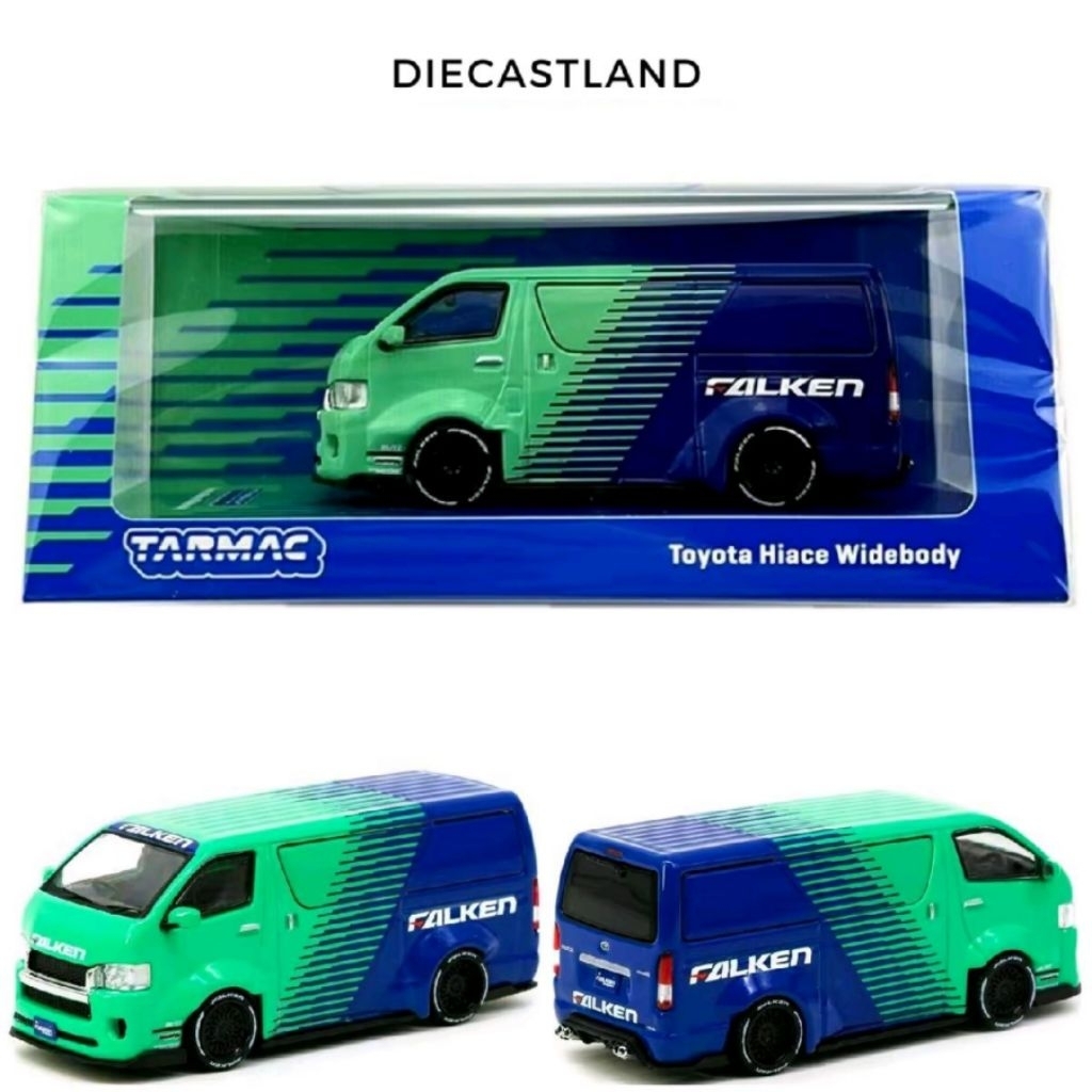 Tarmac Works 1/64 Toyota Hiace Widebody Van Falken Tires Blue Green T64-038-FAL Miniature Diecast Bl