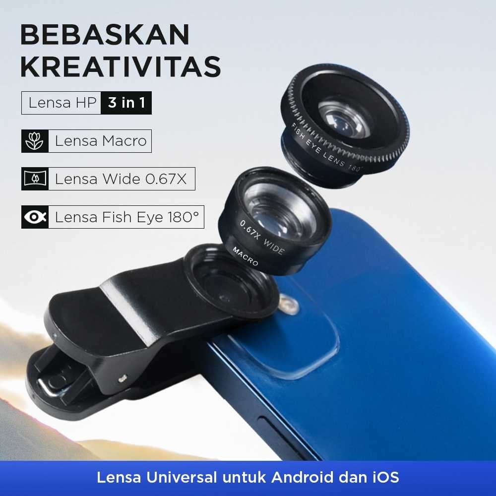 Lensa Kamera HP 3in1 Fisheye Macro Wide Angle - Lensa Smartphone Clip