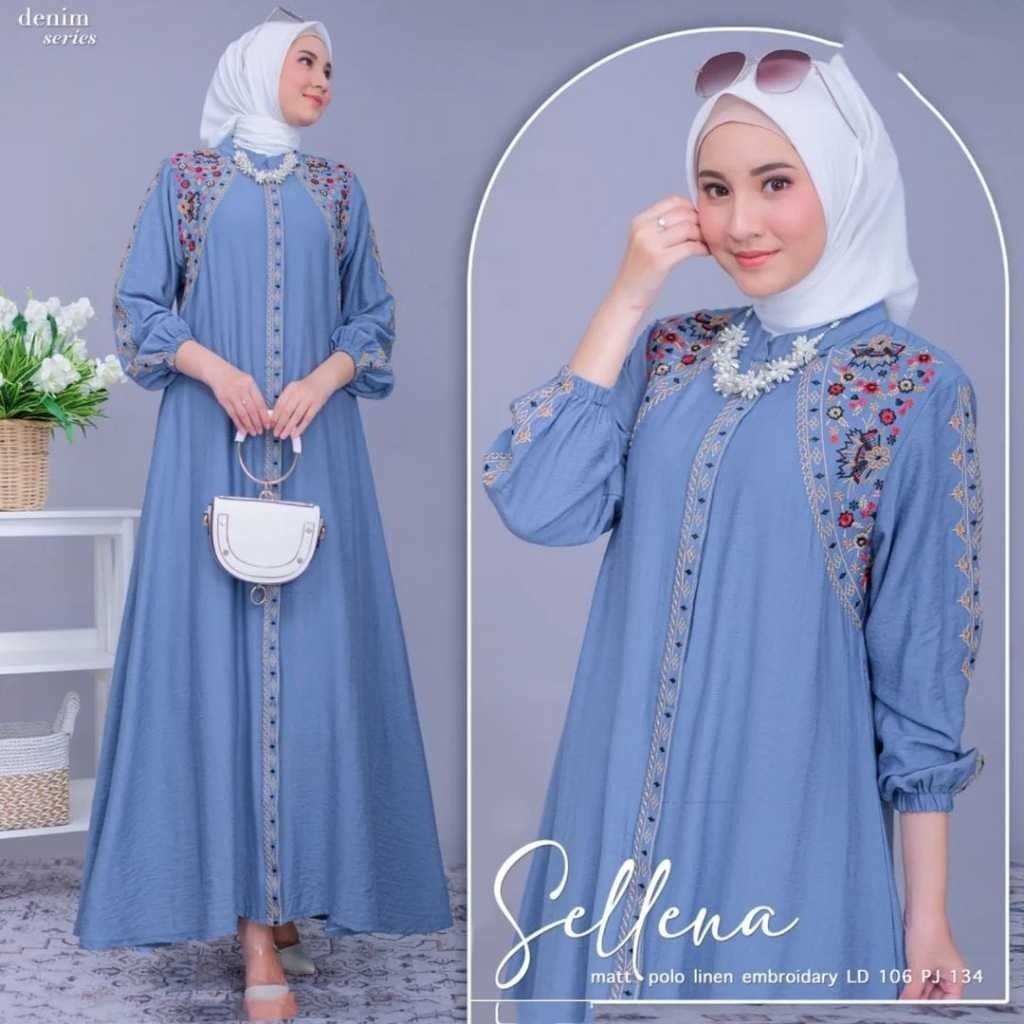 Sellena 2 - gamis dress elegan jumbo busui bordir bunga M L XL XXL baju outfit lebaran seragaman war