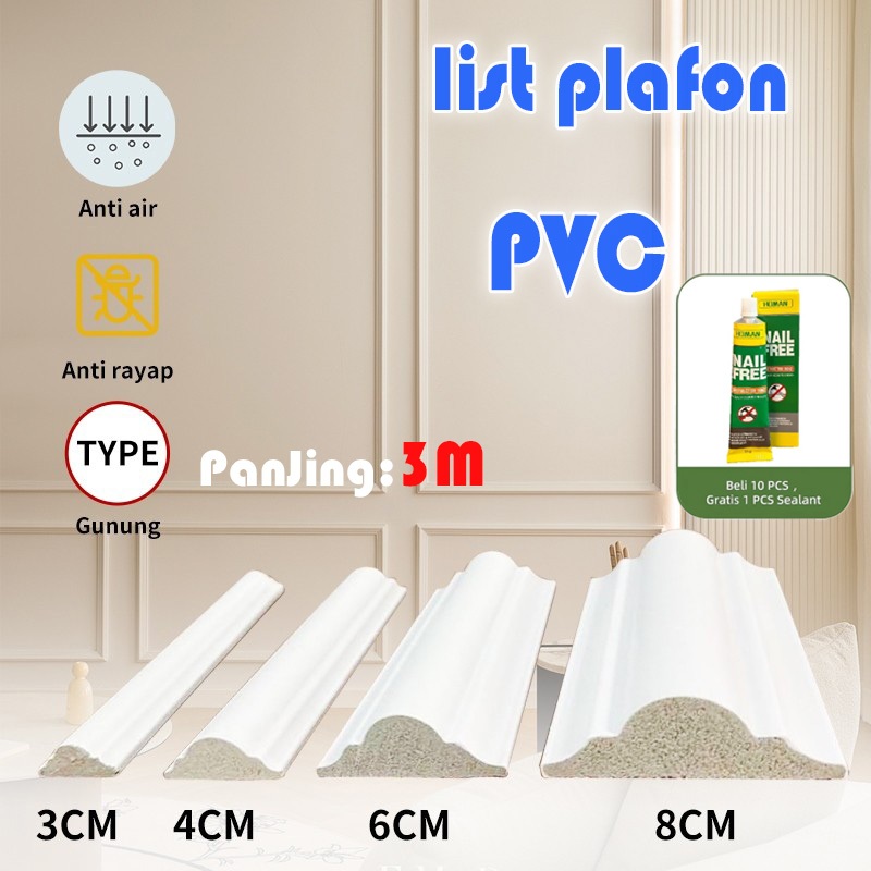 List Plafon PVC Wall Molding Dinding Premium Dekorasi Estetika   PVC Anti Air Panjang 3 Meter