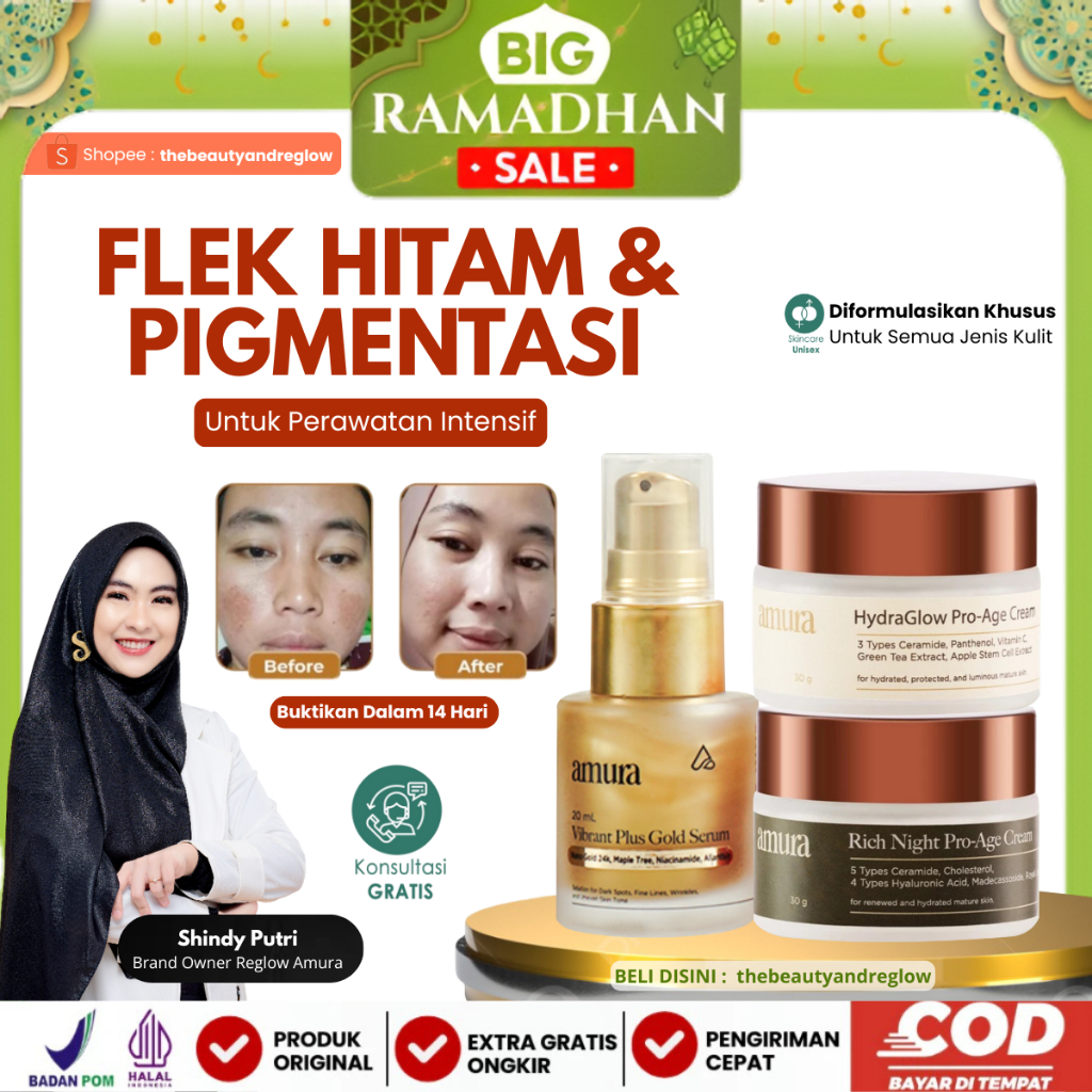 Amura Gold Series Paket Anti Flek Hitam Serum + Krim Siang Malam Untuk Kulit Dewasa
