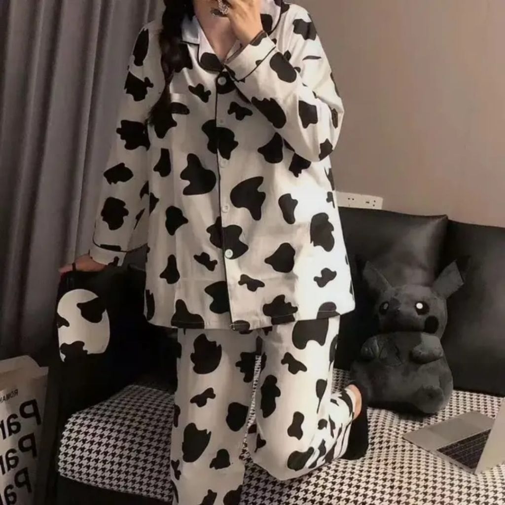 Piyama Premium Piyama Wanita Set Kemeja Dewasa Korea Motif Sapi Baju Tidur Fashion Krah Kancing Leng