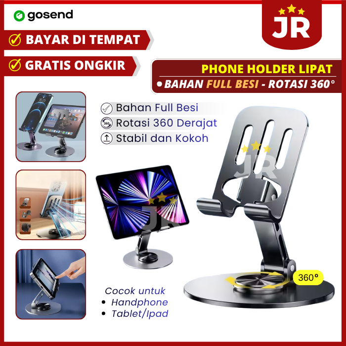 Phone Holder 360° Rotasi Aluminium Besi | Stand Holder HP Tablet Meja Lipat Bahan Full Besi | Duduka