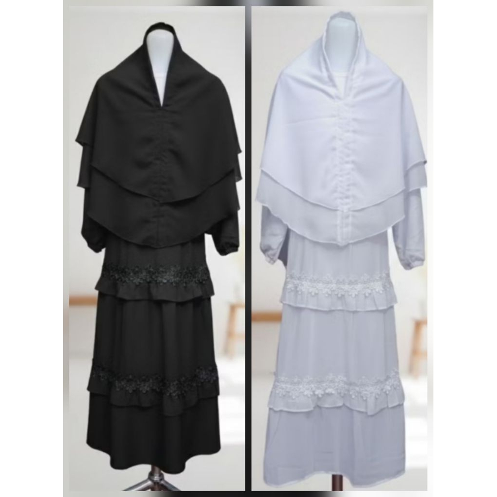 GAMIS MUSLIM ANAK PEREMPUAN WARNA HITAM DAN WARNA PUTIH (usia 4 sampai 13 tahun) , DI LENGKAPI DENGA