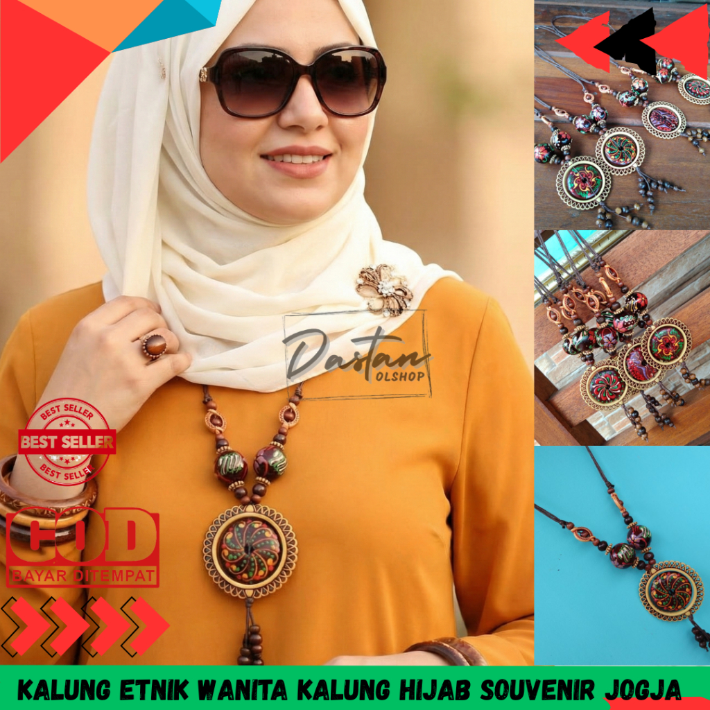 Kalung tali etnik  kalung hijab wanita khas Jogja motif batik kayu dream cacher souvenir Malioboro