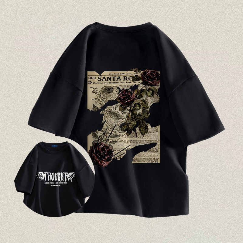 RENELLE Baju Kaos Oversize Pria | Tengkorak Mawar Merah Koran Tua | Kaos Pria Distro Original | Baju