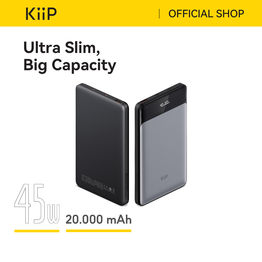 KiiP E14 Power Bank 20000mAh Fast Charging 45W Powerbank Slim LED Display