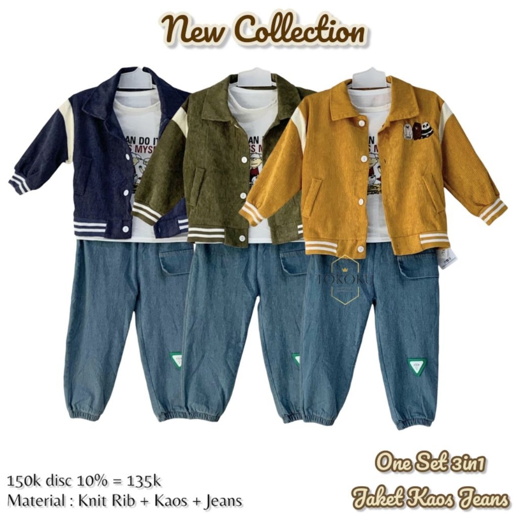 TOKOKU One Set Anak Laki - laki 3in1 Jaket Kaos Celana Joger Knit Kaos Jeans