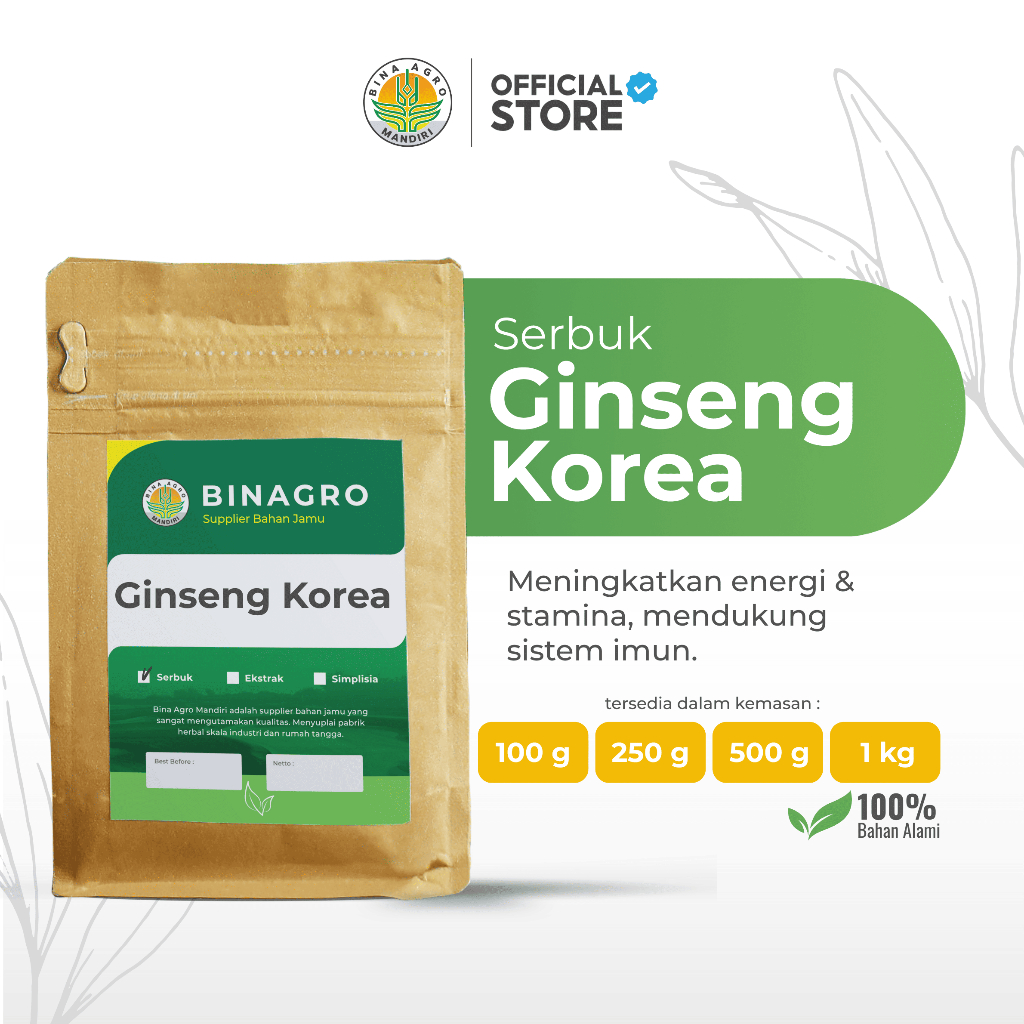 GINSENG KOREA Serbuk Bubuk Jamu Ginseng Korea Tanpa Campuran Premium Binagro 100gr 250gr 500gr 1kg