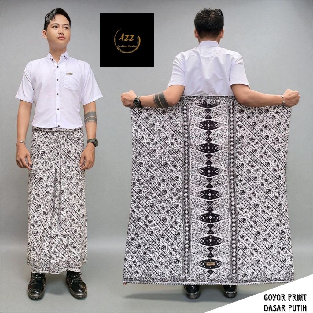 Sarung Goyor Print Batik Monochrome/Hitam Putih Dasar Warna Putih Bahan Rayon Adem Batik Pekalongan 
