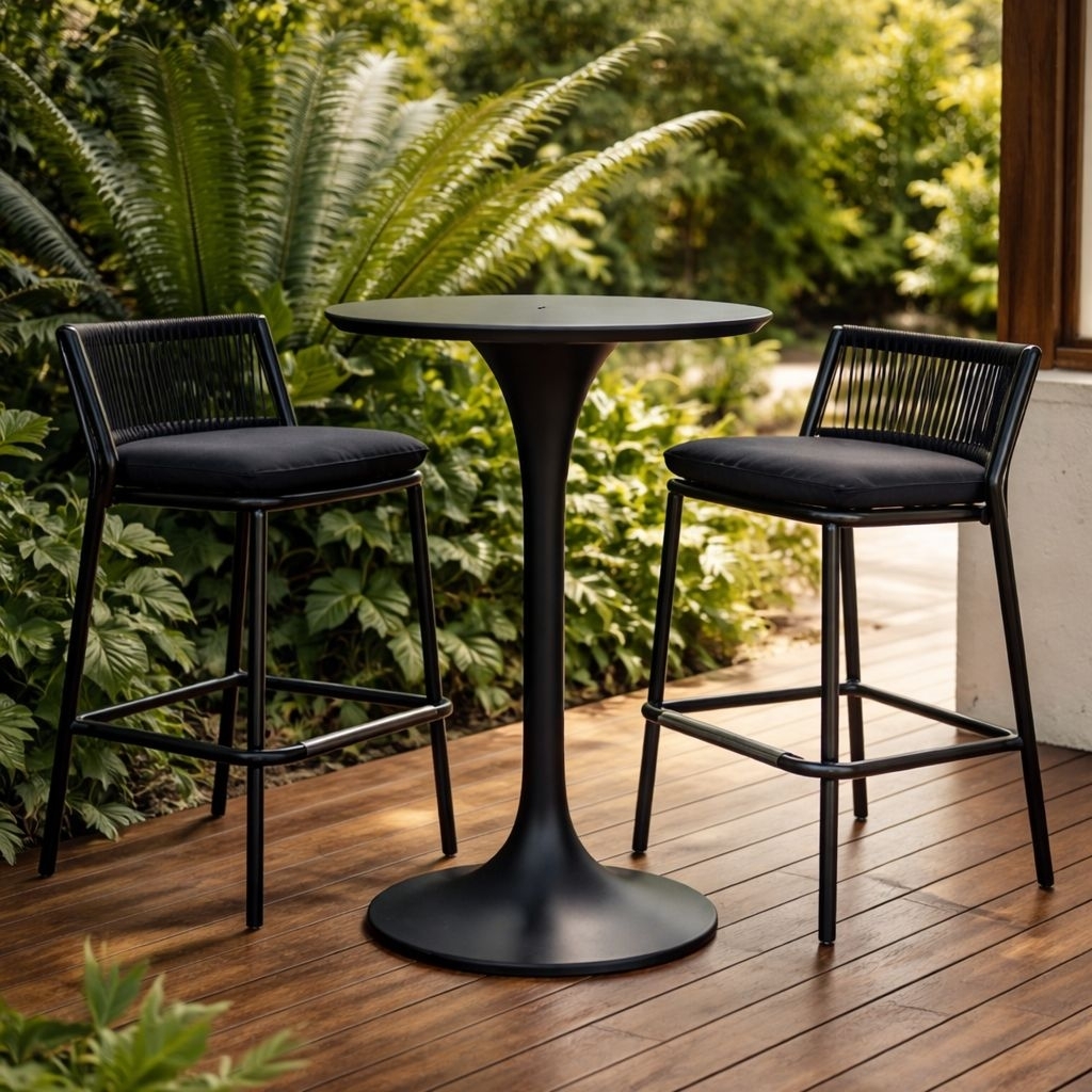 Set Meja Bar Outdoor Minimalis Hitam – 1 Meja Pedestal + 2 Kursi Bar Rope