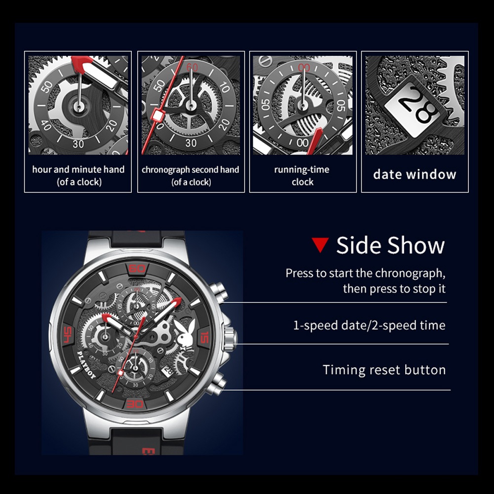 TERMURAH PLAYBOY Jam Tangan Pria Anti Air Original Cowok Multifungsi Kalender Luminous Fashion Hitam