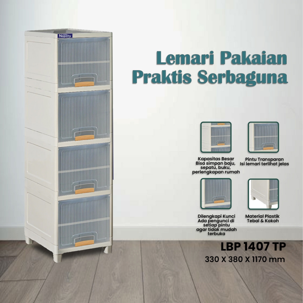 Napolly Locker Box & Lemari Plastik LBP 1407 TP 4 Susun 7 Sekat – Lemari Penyimpanan Pakaian Mainan 