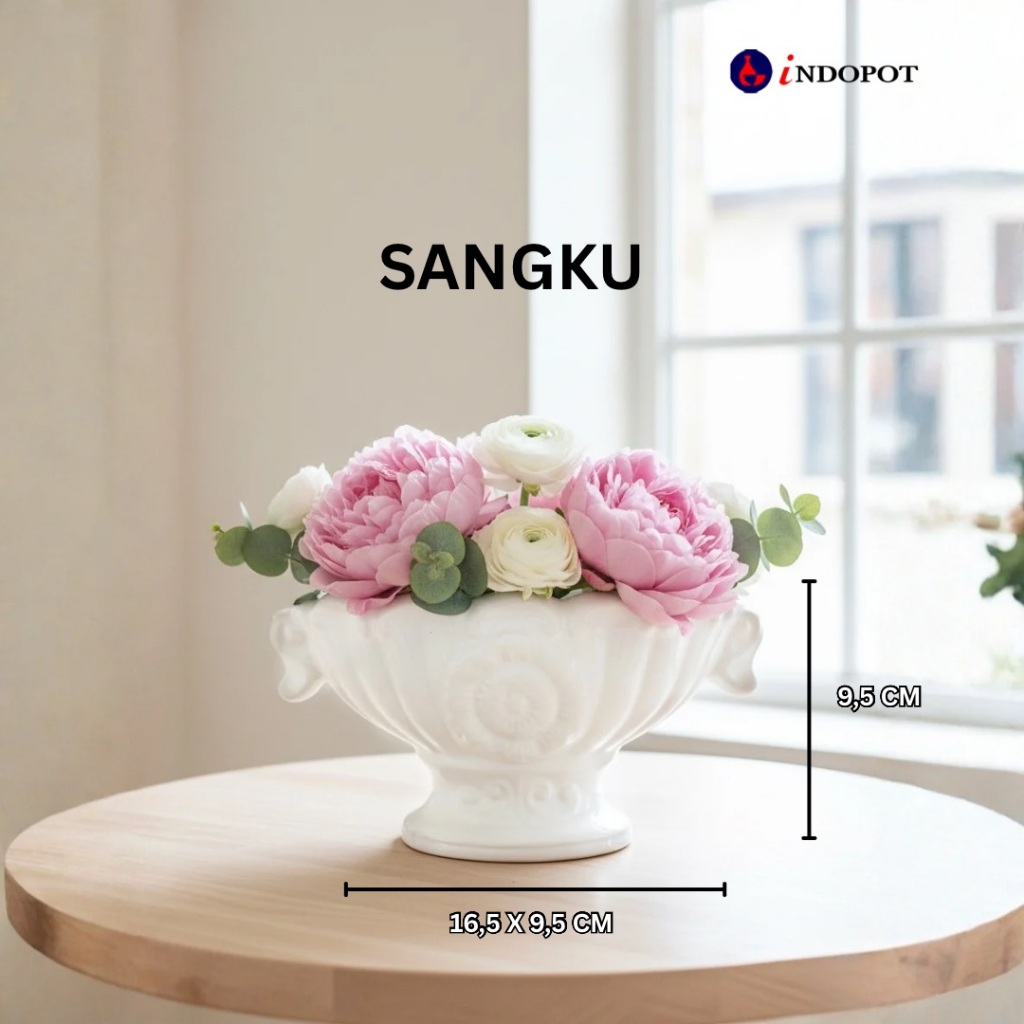 INDOPOT | Vas Pot Keramik model Sangku KW Oval – Vas Bunga Dekorasi Meja & Ruangan