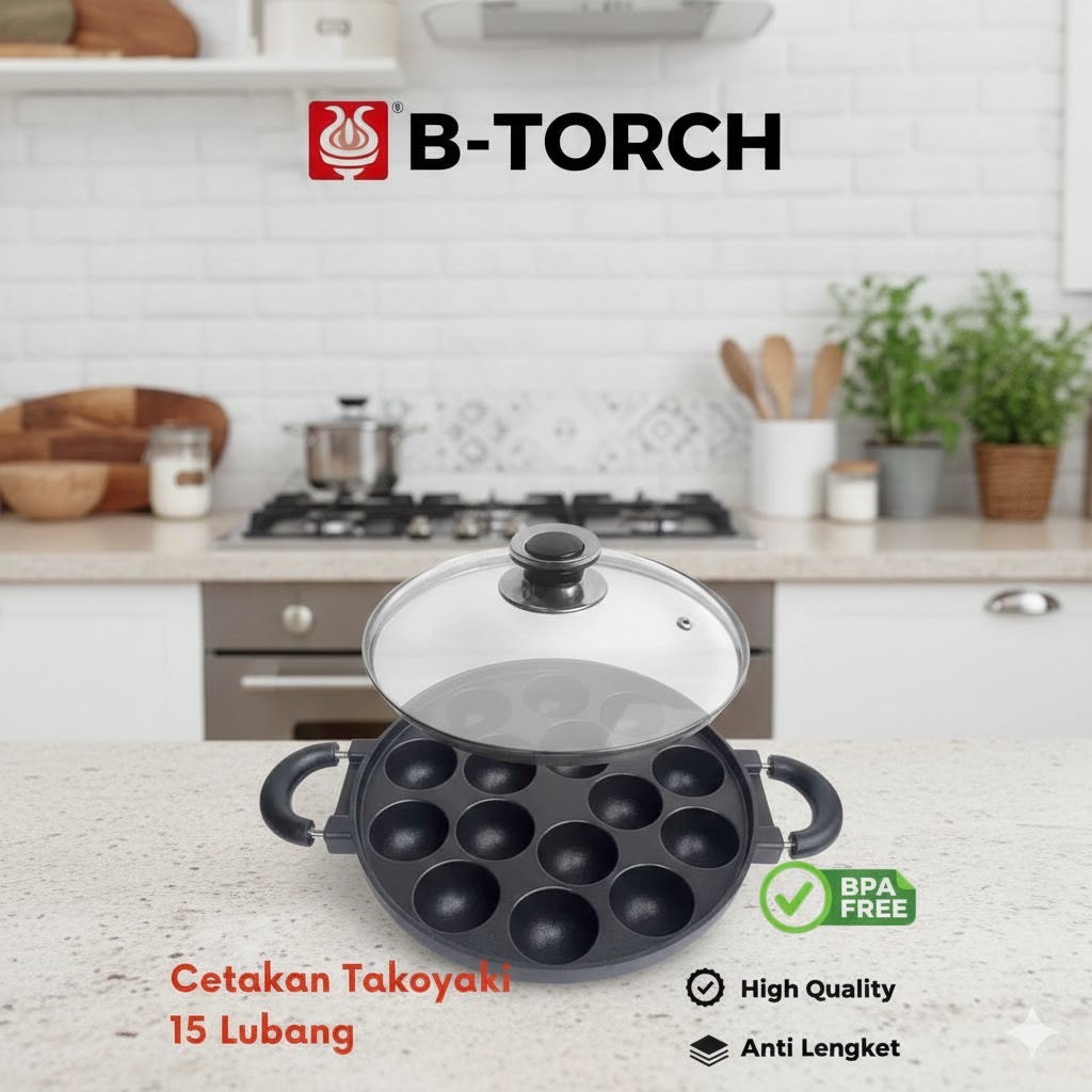 B-TORCH Cetakan Takoyaki Anti Lengket - Telur Puyuh - 15 Lubang - Teflon + Tutup KacaB-TORCH Cetakan