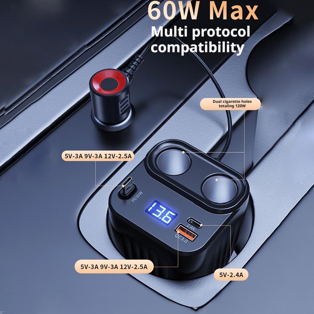 Socket Lighter USB C Fast Charging 60w Spliter Car Charger LCD Voltmeter D33