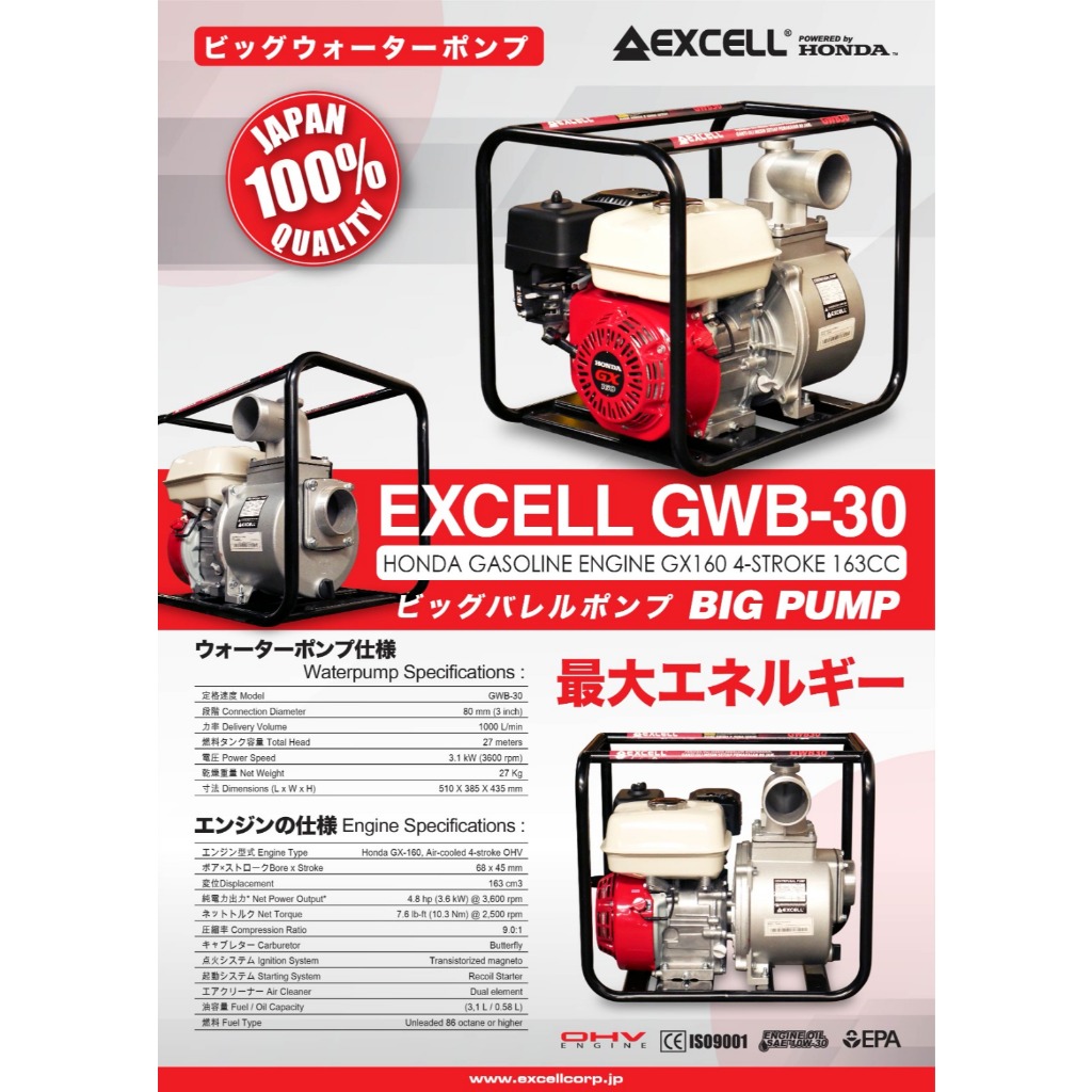 EXCELL GWB 30 Alkon Mesin Pompa Air 3 Inch Honda GX160 / Water Pump