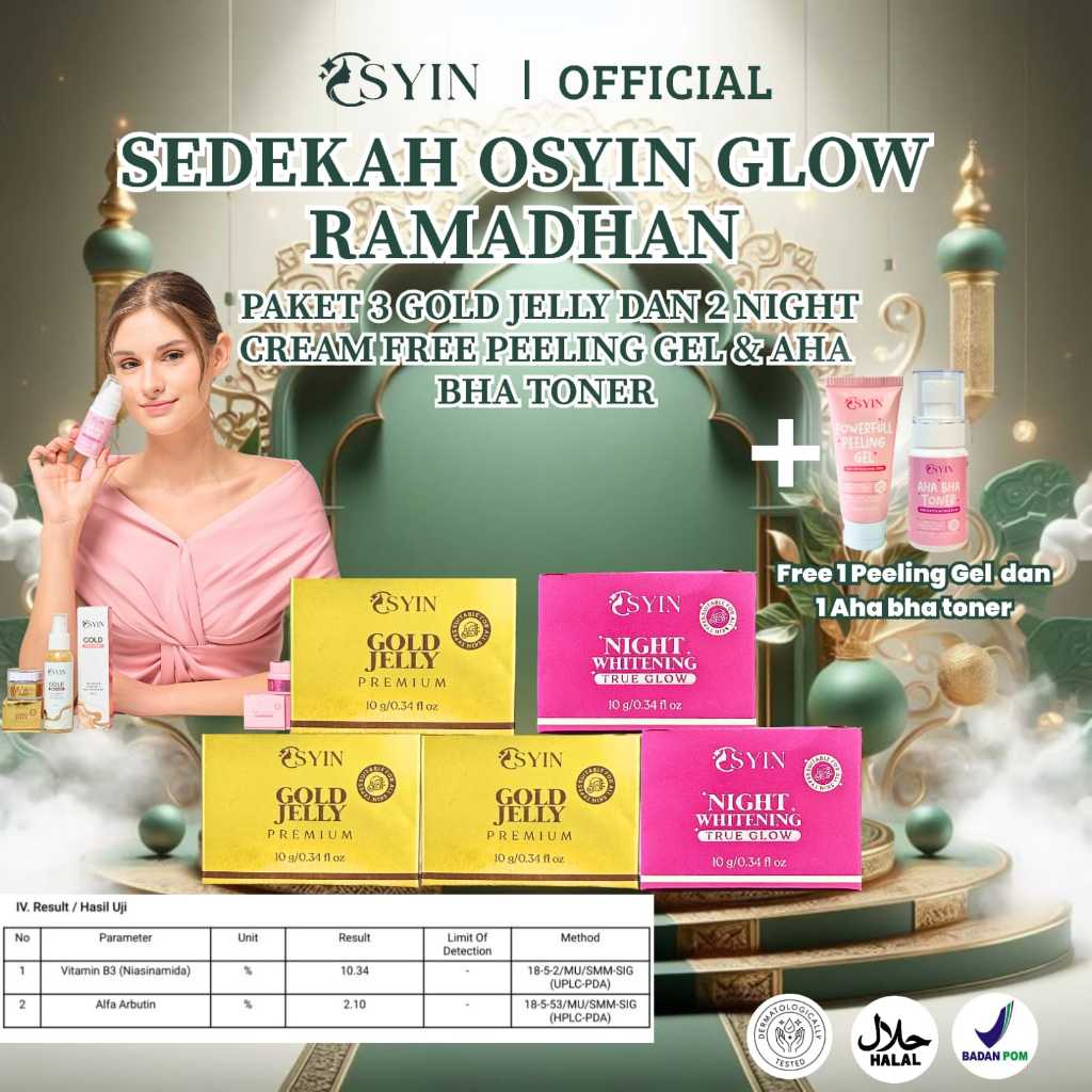 Osyin Glow PAKET SEDEKAH ( 3 Pcs Gold Jelly )+ ( 2 Pcs Night Whitening ) FREE Peeling Gel & FREE Aha