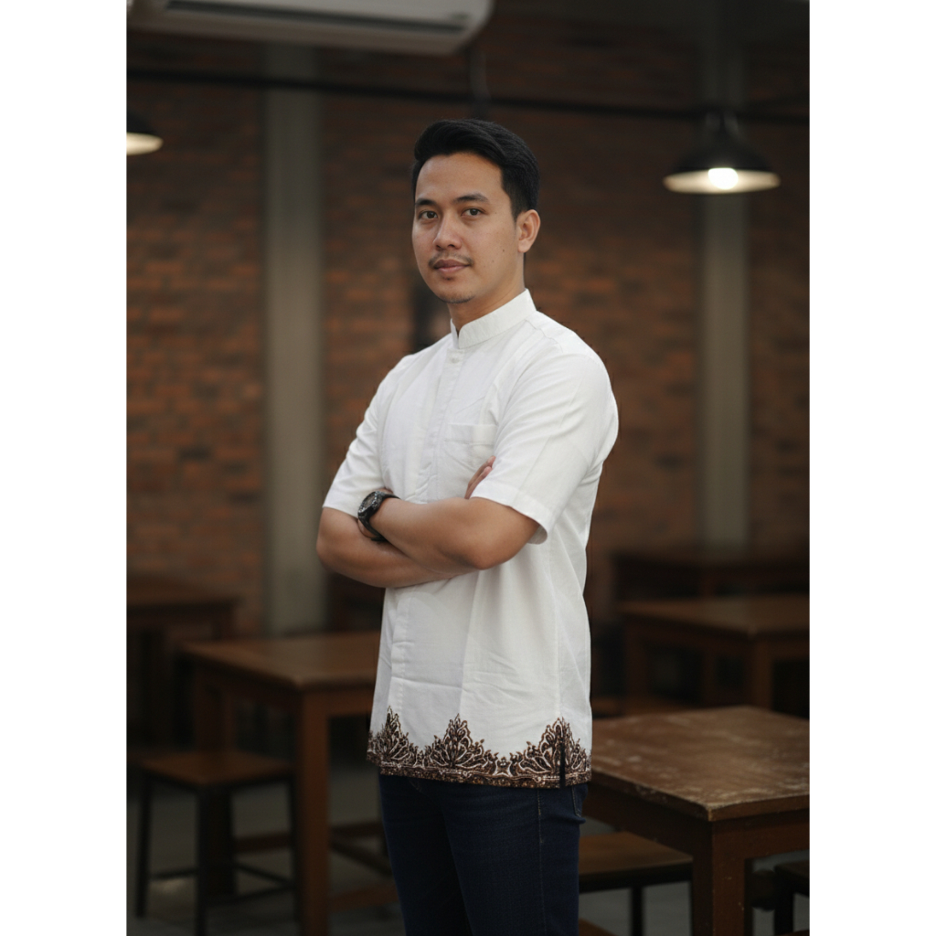Kemeja Batik Koko Pria Putih Batik | Baju Muslim Kerah Shanghai Lengan Pendek