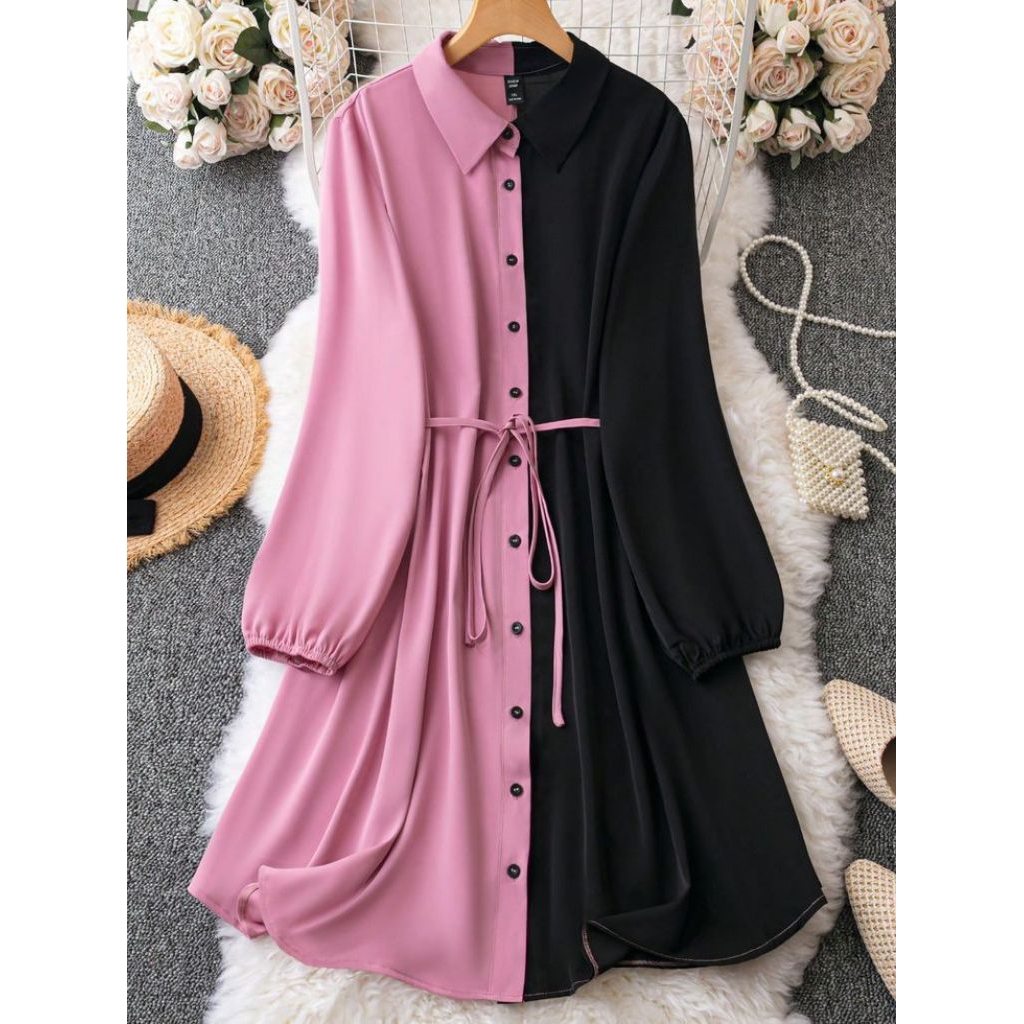 tunik polos kombinasi 2 warna isabela pink dan hitam