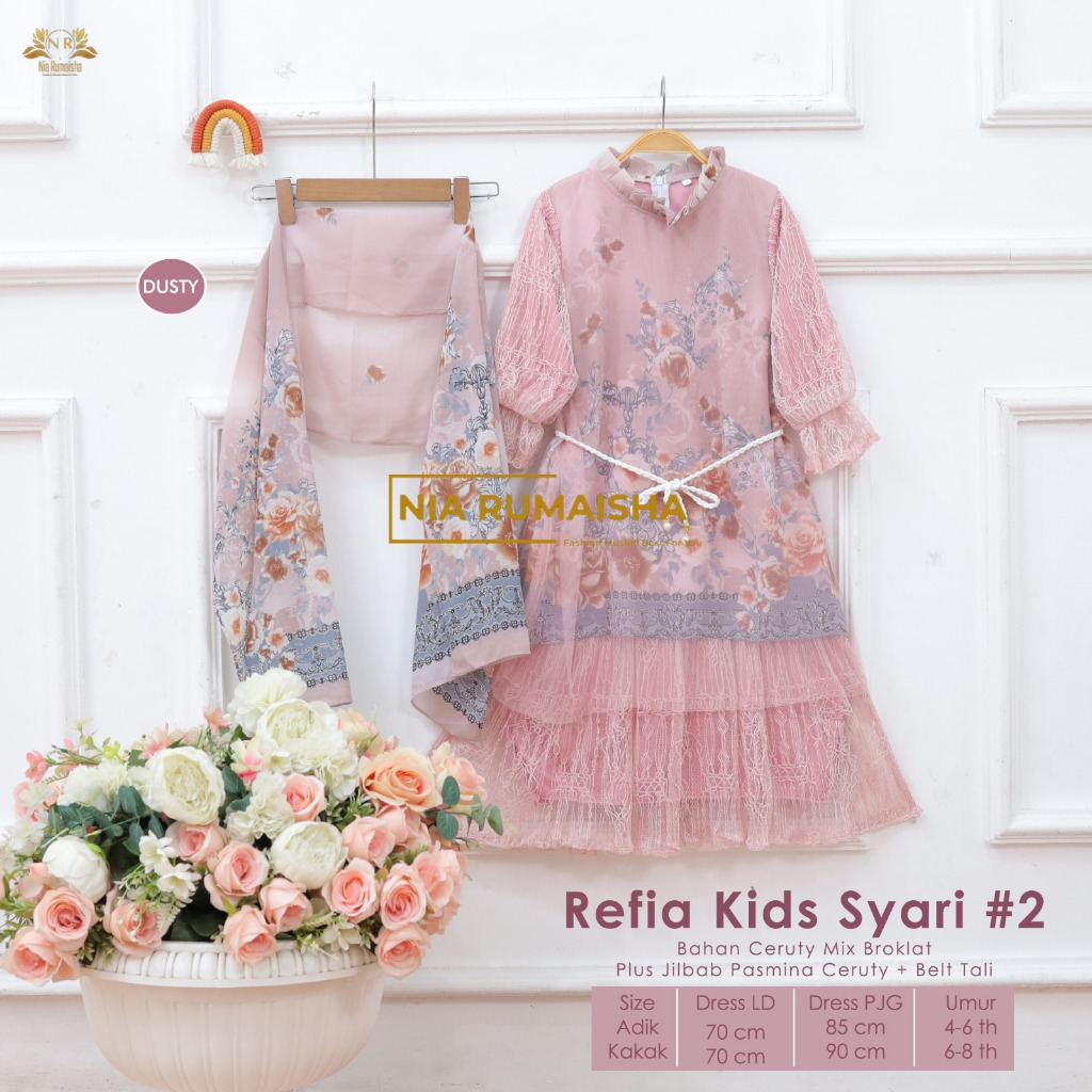 Gamis Anak Syari Refia Kids #2 Set Hijab Pasmina Ceruty Mix Brokat Premium - Nia Rumaisha