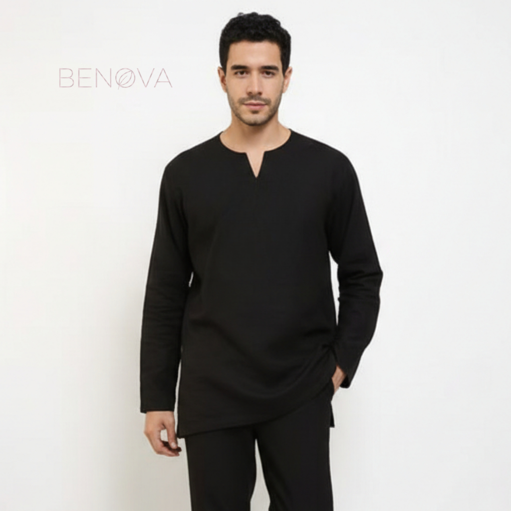 BENOVA Kemeja Linen Pria Kerah V Lengan Panjang - Mens Linen V-Neck Longsleeve Tops - Black