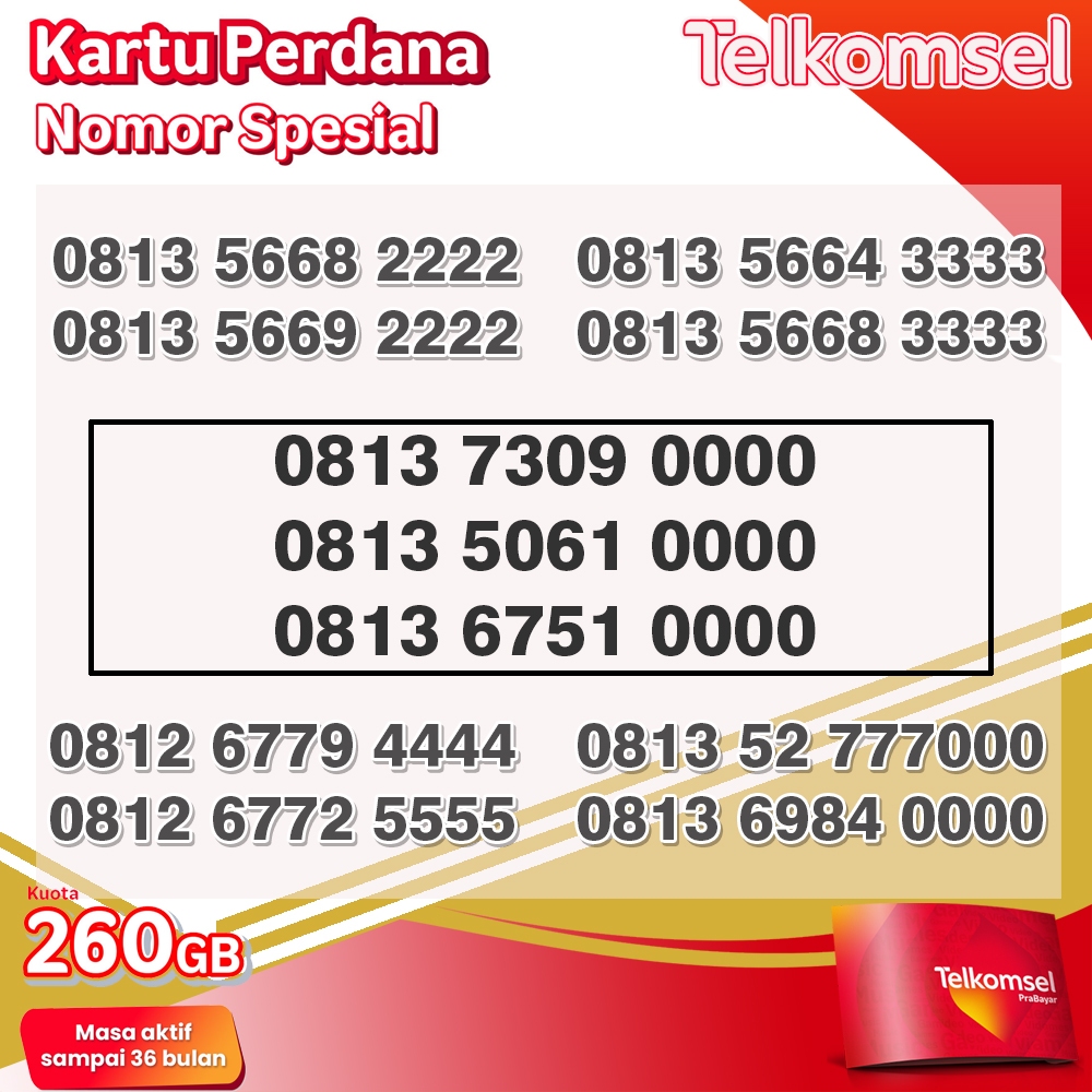 Perdana Telkomsel Nomor Cantik Spesial Kuota 260GB 12 Digit