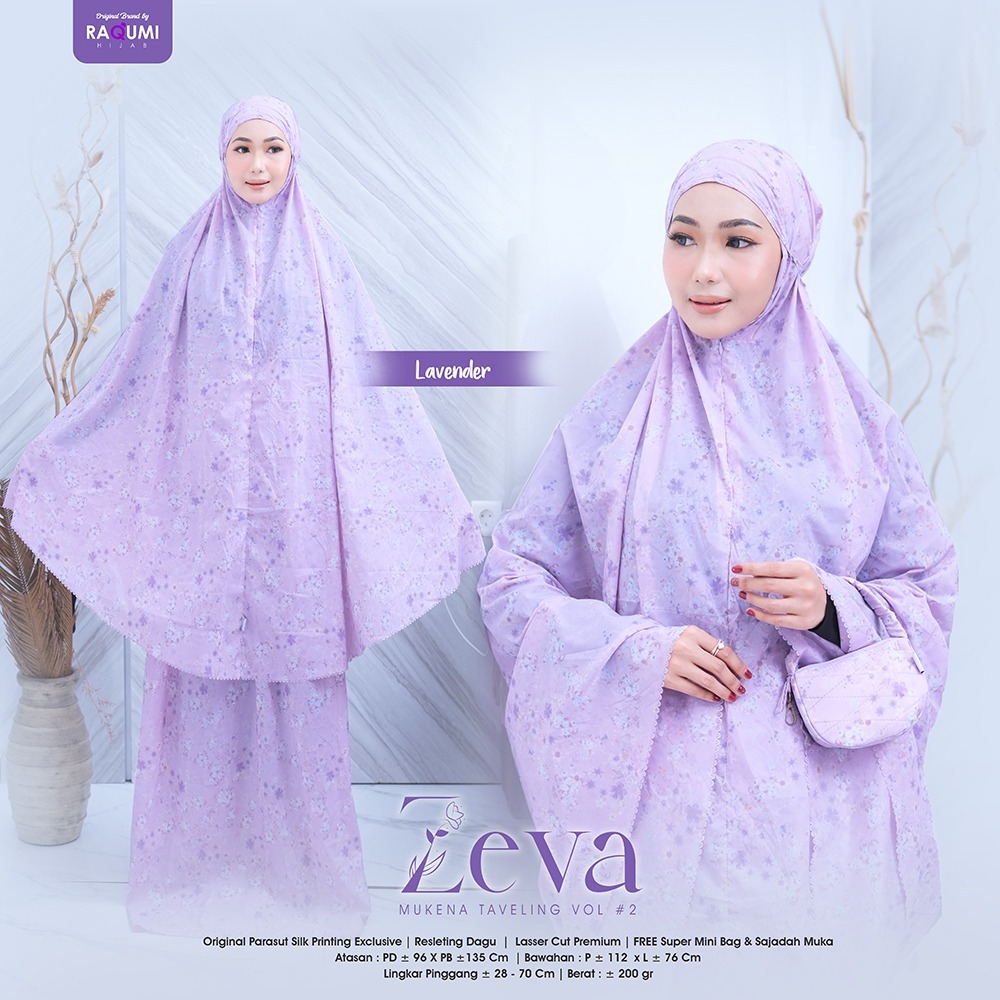 Zeva Vol 2 Mukena Traveling Dewasa Original RAQUMI HIJAB Parasut Silk Printing Exclusive Premium Res