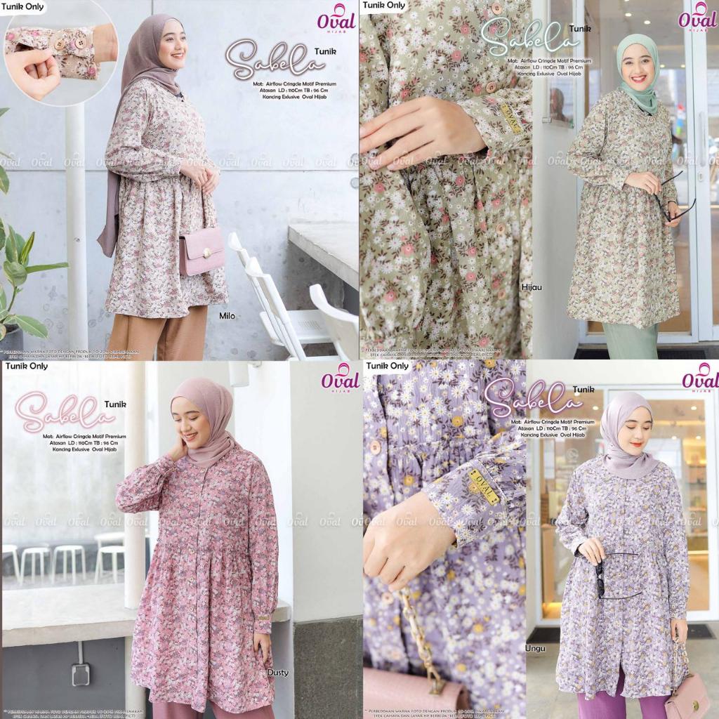 Sabela Tunik Original Oval Hijab Airflow Crincle Motif Premium LD 110 PB 96 Full Kancing Eksklusif O