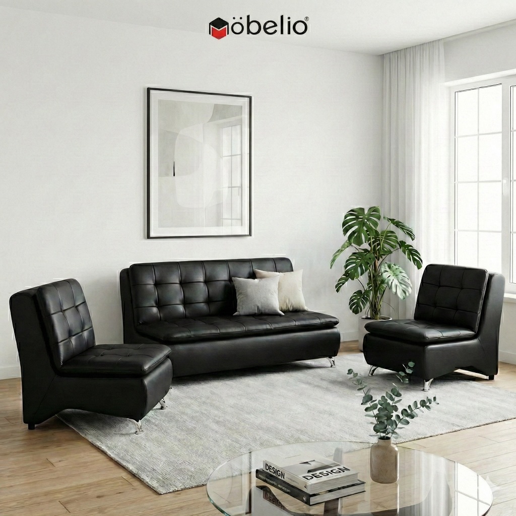 Mobelio - Kursi Sofa Set Tamu Kulit Oscar 211 Seater Hitam Coklat Black Brown - Marvel