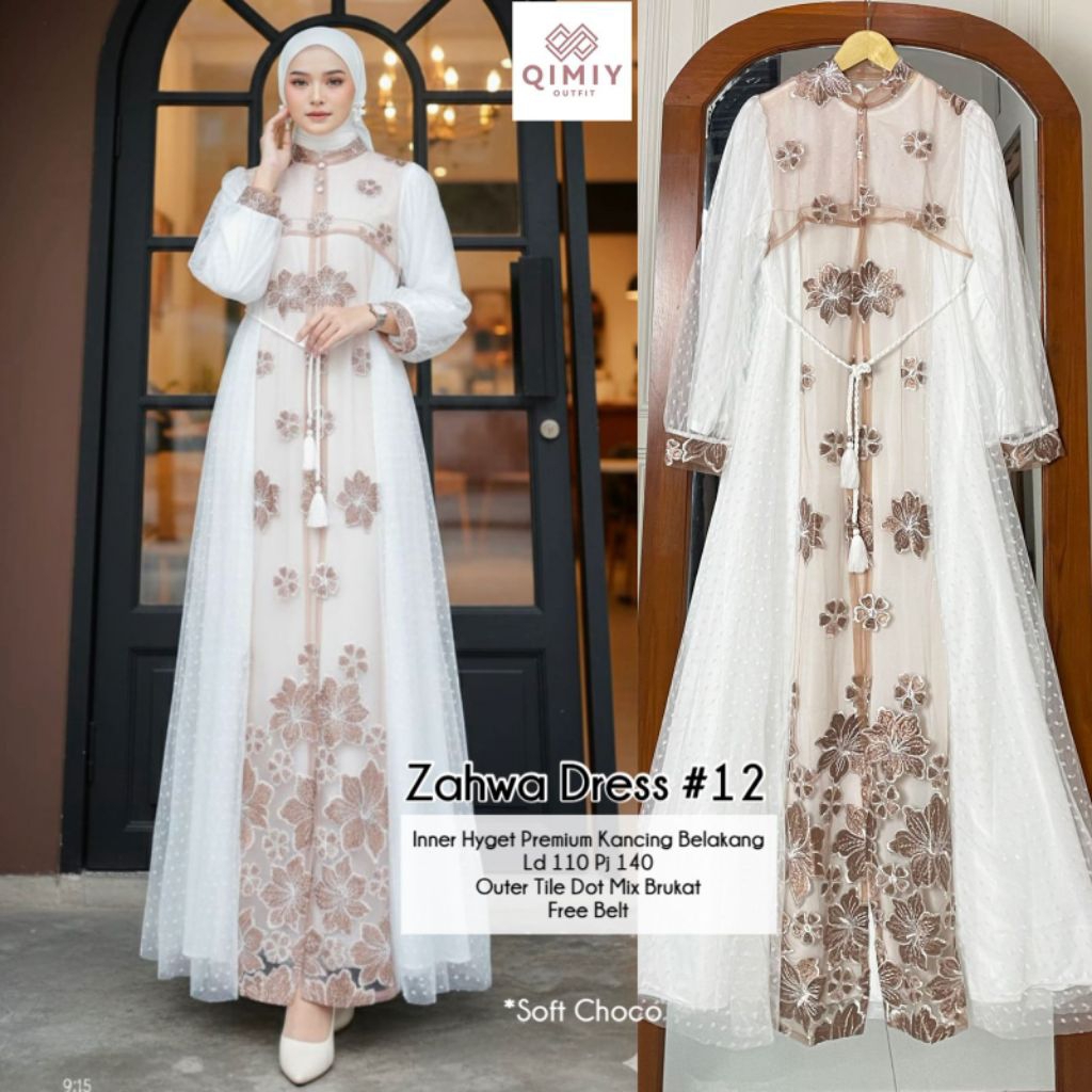 QIMIY Zahwa Dress Hyget Premium Kancing Belakang Outer Tile Dot Mix Brukat Free Belt
