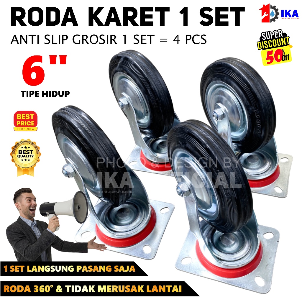 HARGA PROMO Roda Karet 6 inchi 1 set 4pcs Roda Troli Rem Hidup 6"inchi / Roda Karet Troli 6 Inch Hid