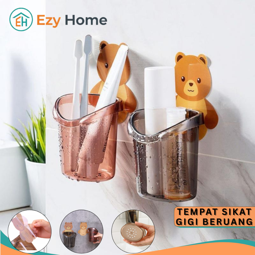 Ezy Home - Rak Tempel Dinding Motif Beruang Lucu untuk Tempat Sikat Gigi Sabun Pasta Kamar Mandi Ana