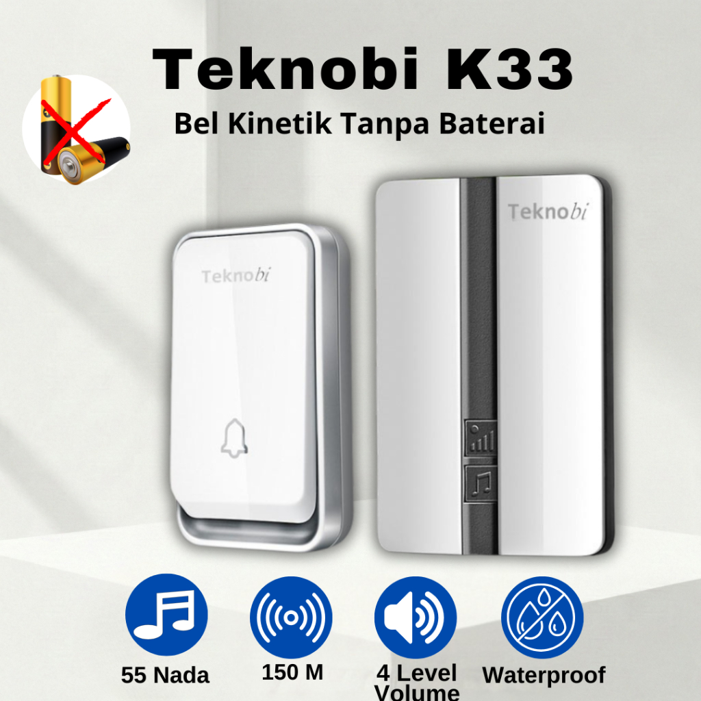 Teknobi Bel Pintu  Rumah Kinetik K33  Wireless Waterproof Doorbell Tanpa Baterai