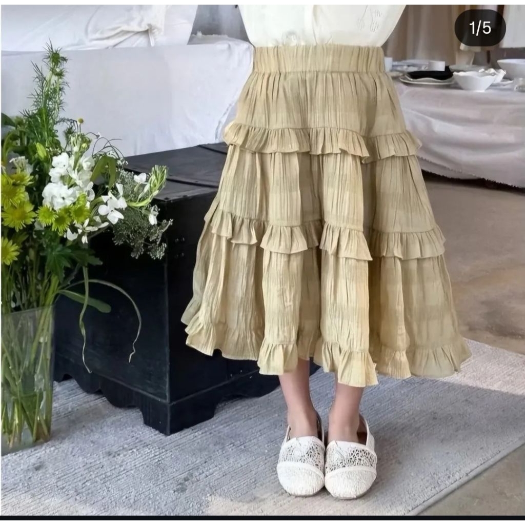 ROK FLOWY RUFFLE 3 SUSUN REMPEL MIDI FULL FURING/ ANAK PEREMPUAN/ IMPORT BANGKOK 100%
