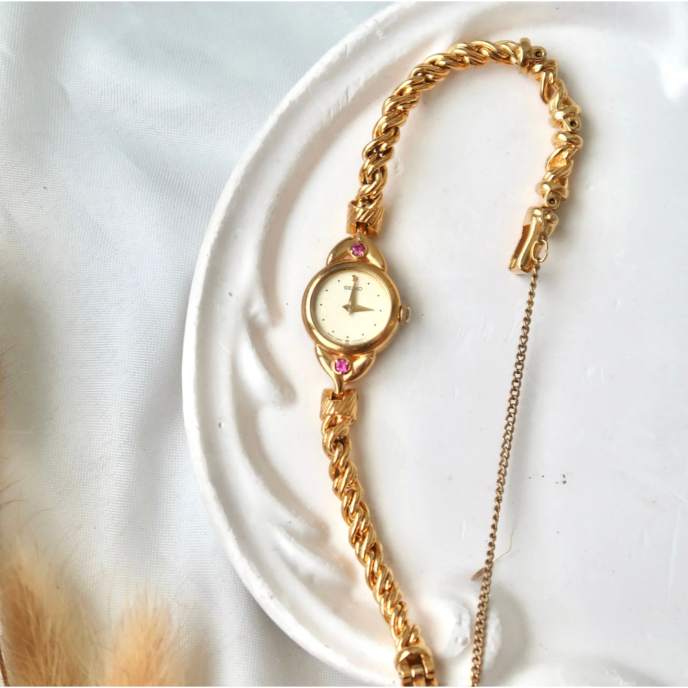 Jam Tangan Wanita Vintage Watch Seiko Pink Jewels Twist Gold Chain Original Autentik Preloved Bekas
