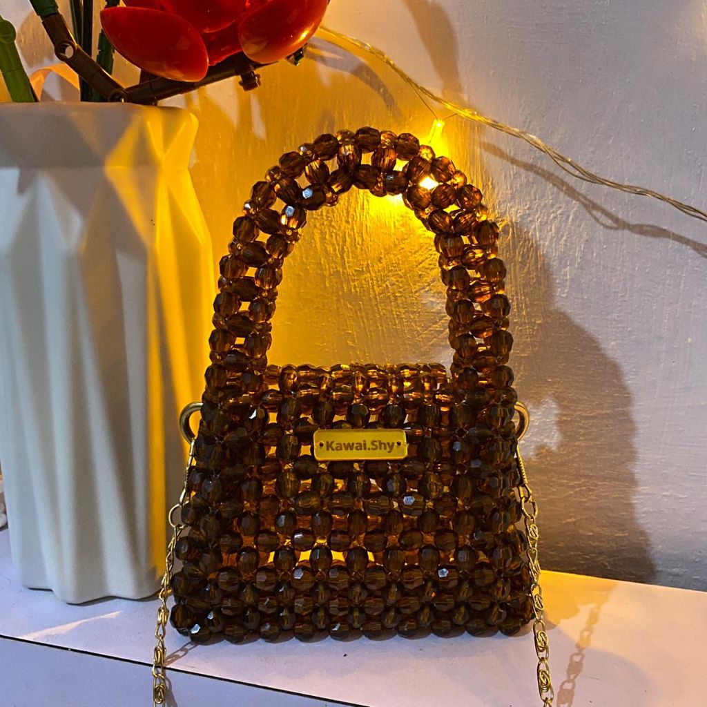 Tas Manik Mini Coklat Amber Selempang / Tas Pesta Wanita Handmade / MINI BAG PESTA
