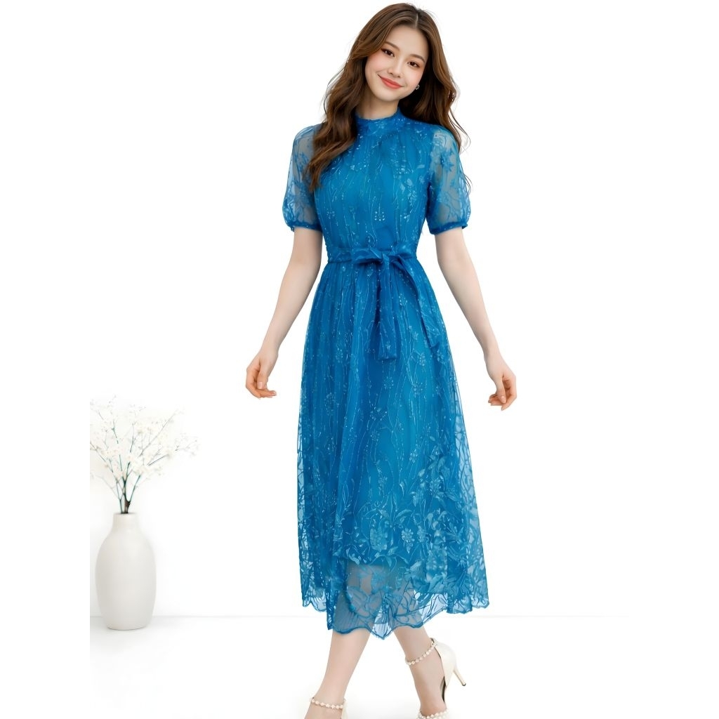 Dress Wanita Brokat Tile 3D Mewah Midi Lengan Pendek Elegan Gaun Pesta Kondangan Formal Anazam Jc