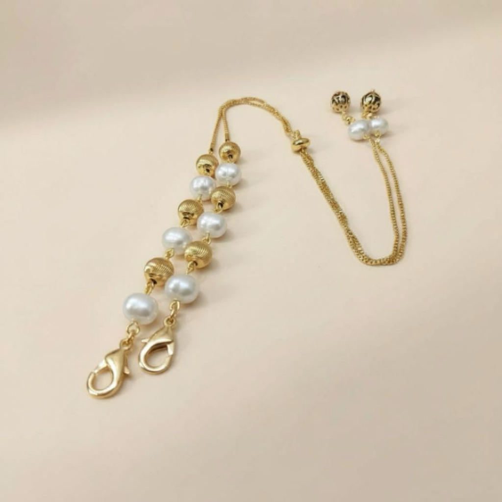 Aksesoris Perhiasan Konektor Connector Hijab Masker Rantai Serut Rhodium Lapis Emas 18 Karat Mutiara